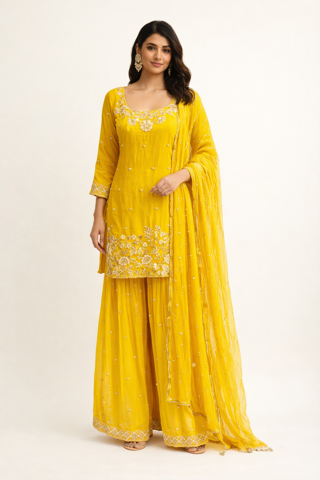 Bright Yellow Embroidered Silk Kurta Sharara Set with Dupatta for Women